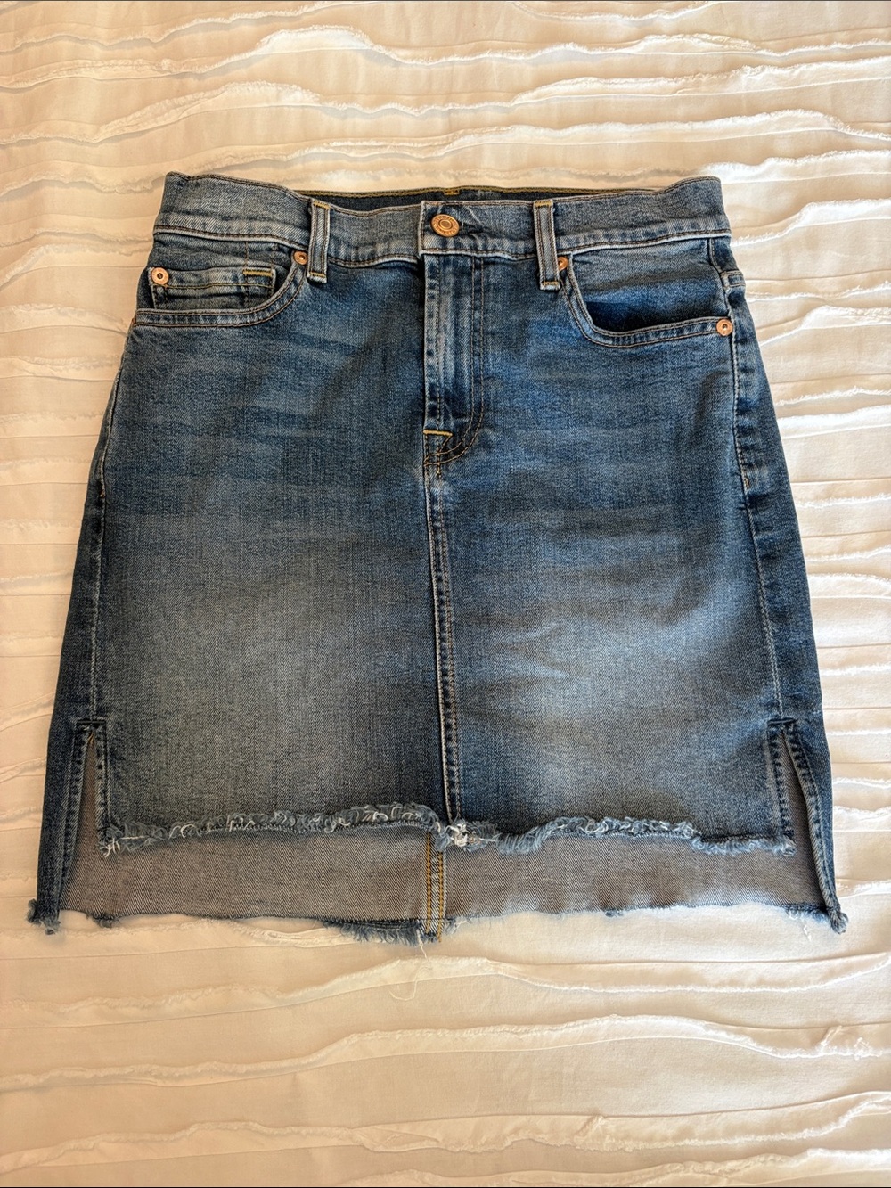 7 For All Mankind Distressed Blue Denim Mini Skirt